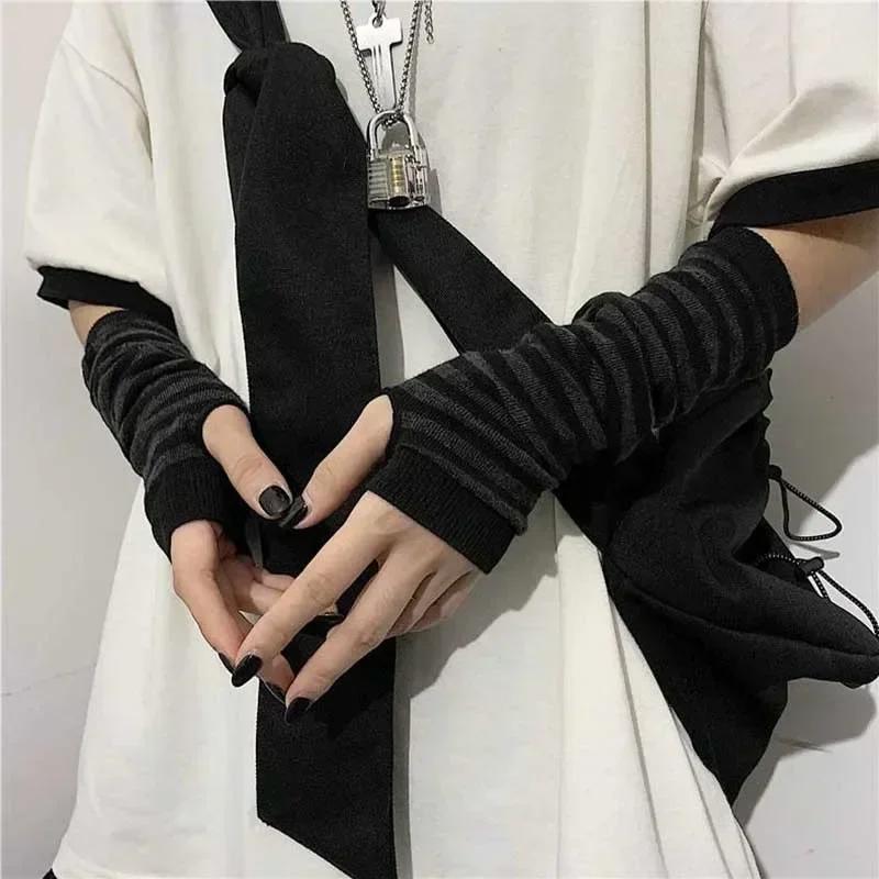 Y2K gothique Lolita gants bras couverture Harajuku chauffe-bras noir gris rayé sans doigts Punk long