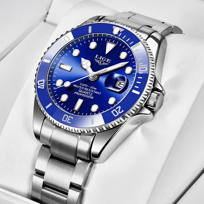 LIGE Top Original hommes montres à Quartz bleu montre étanche pour hommes en acier inoxydable Quartz