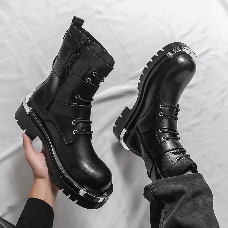 Bottes Chelsea pour hommes, couleur unie, semelle épaisse, hauteur augmentant, haut en métal, gros o