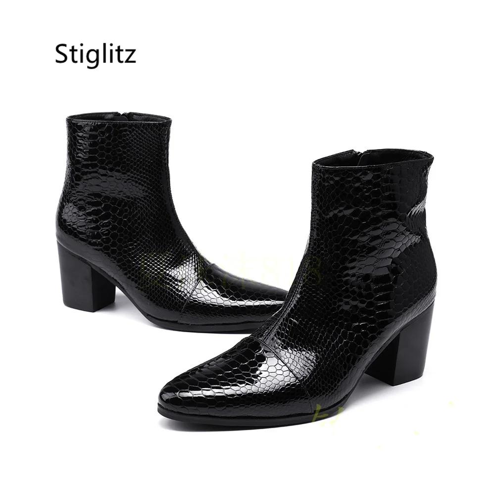 Bottines en cuir véritable pour hommes, noir et rouge, talons hauts de 8Cm, motif serpent rétro, bou
