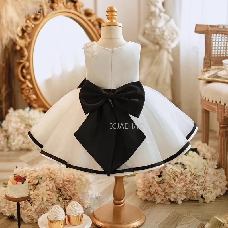 Robe de soirée noire pour filles avec nœud et ceinture, tenue de princesse tutu pour enfants, idéale
