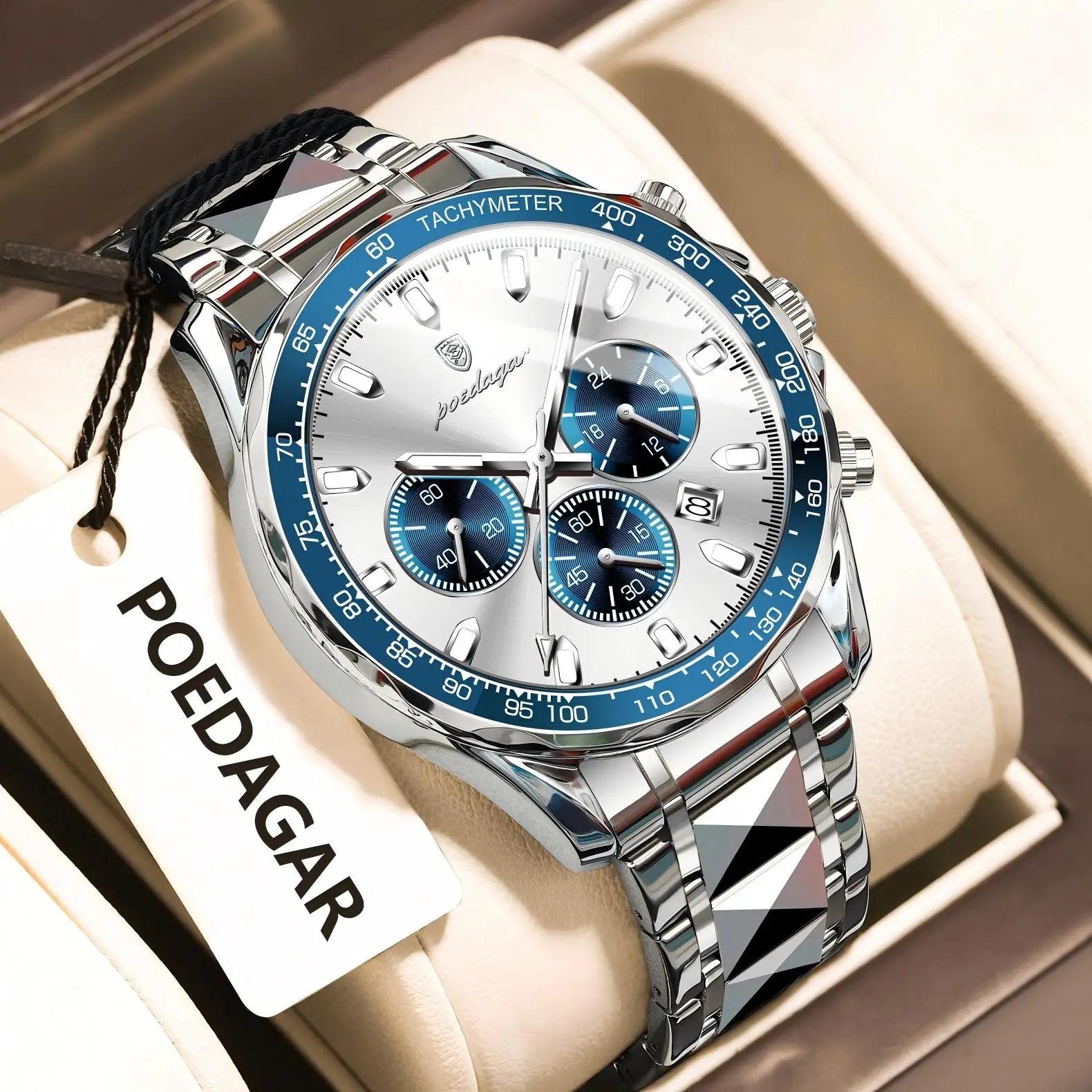 POEDAGAR marque de luxe hommes montre étanche lumineux en acier inoxydable montres pour hommes chron