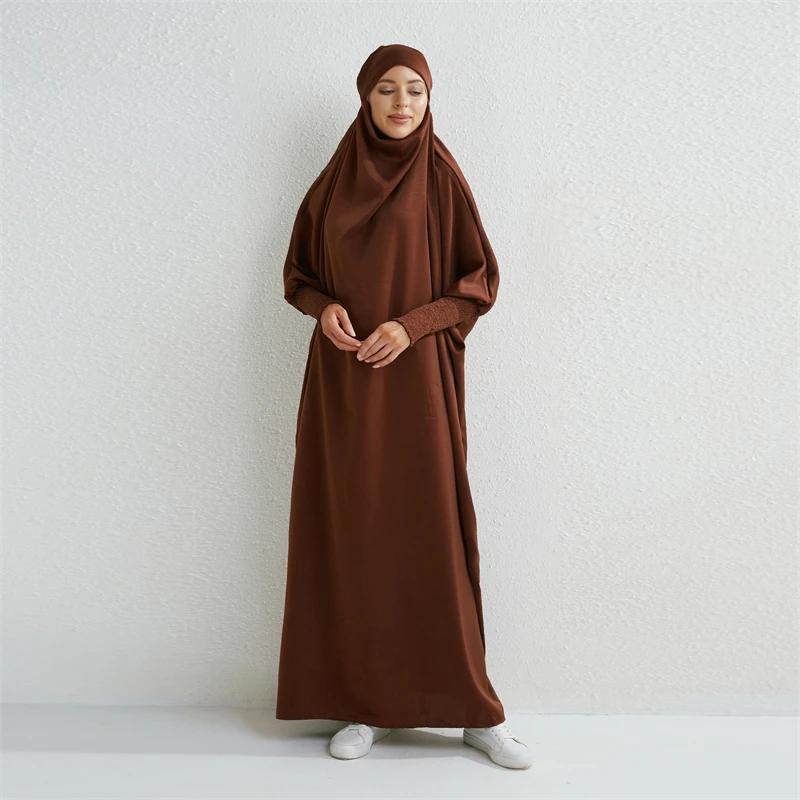 Abaya musulman à capuche manches smockées une pièce Robe de prière femmes Jilbab vêtements islamique