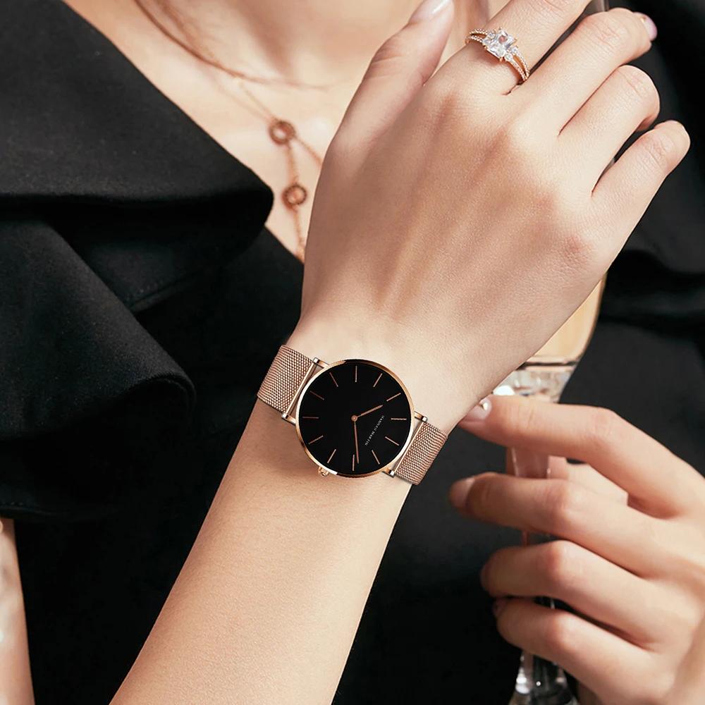 Montre-Bracelet pour femmes, 1 ensemble, mouvement à Quartz japonais, Simple, or Rose, maille en aci