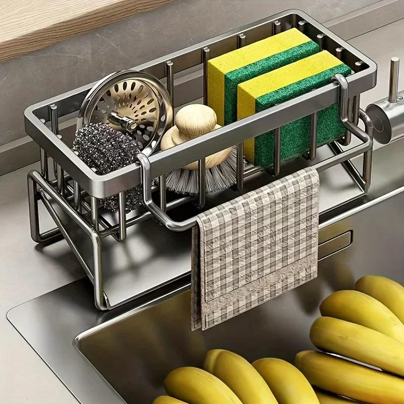 Porte-éponge pour évier de cuisine, organisateur d'évier de cuisine à vidange automatique en plastiq