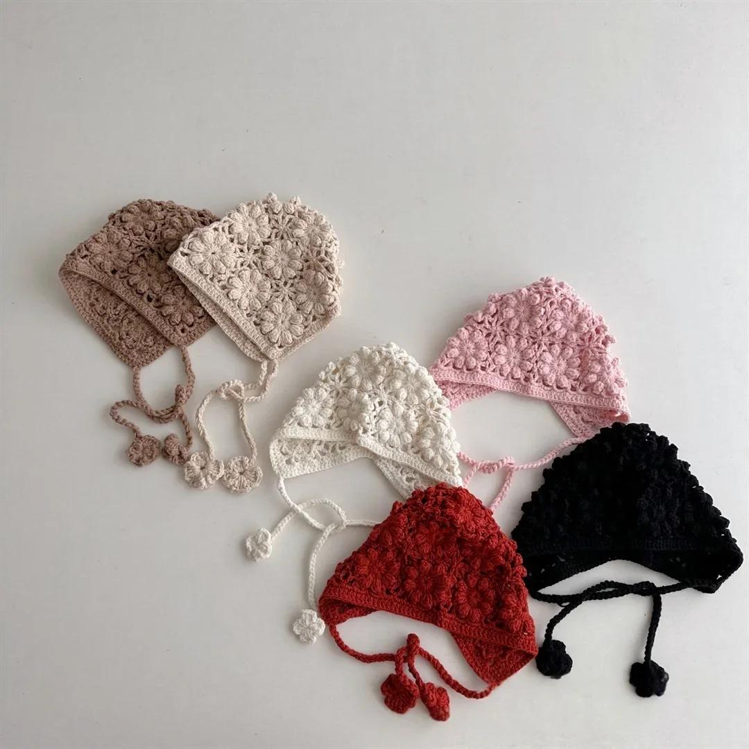 Chapeau tricoté pour bébé fille, bonnet à rabat d'oreille en Crochet fait à la main, mignon ajouré,