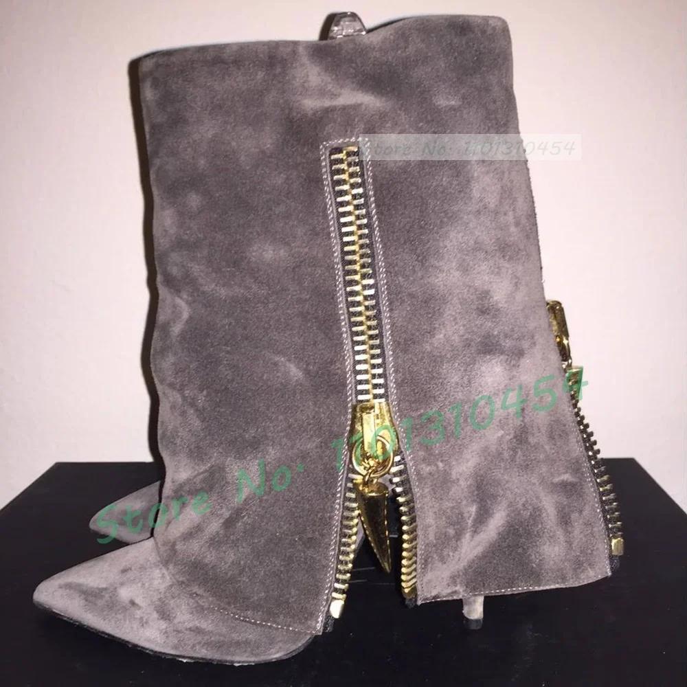 Bottines décoratives à fermeture éclair dorée pour femmes, chaussures élégantes à bout pointu, talon