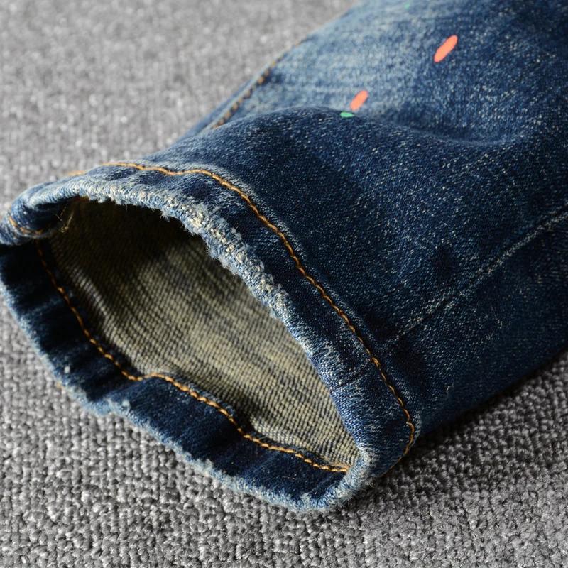 Jean Déchiré Rétro Bleu pour Homme, Pantalon de Motard en Denim, Slim Fit, Peint, Épissé, de Stylist