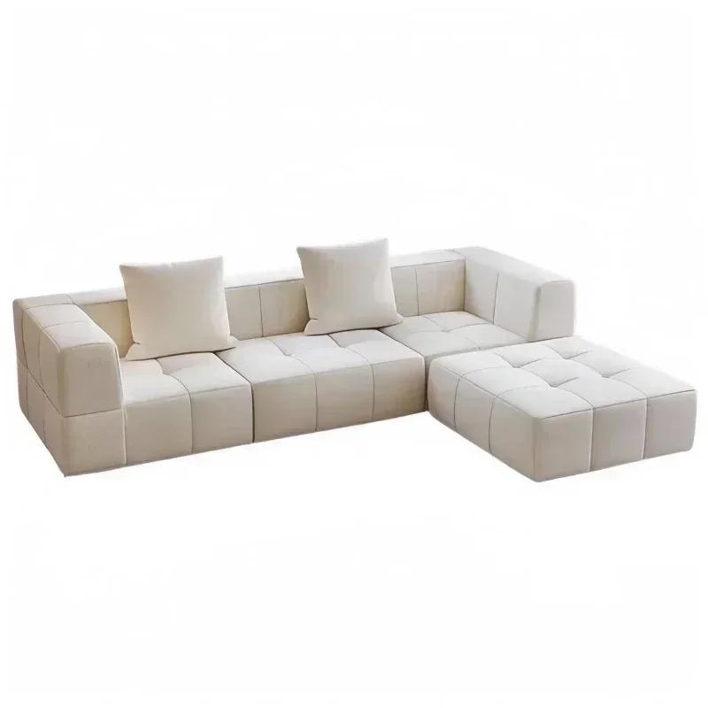 Canapé sectionnel modulaire en forme de L de couleur crème avec oreillers en peluche, canapé compres