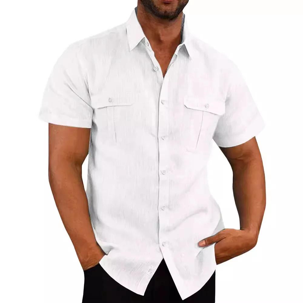 Chemise homme Double poche coton lin manches courtes chemises pour hommes décontracté vacances plage