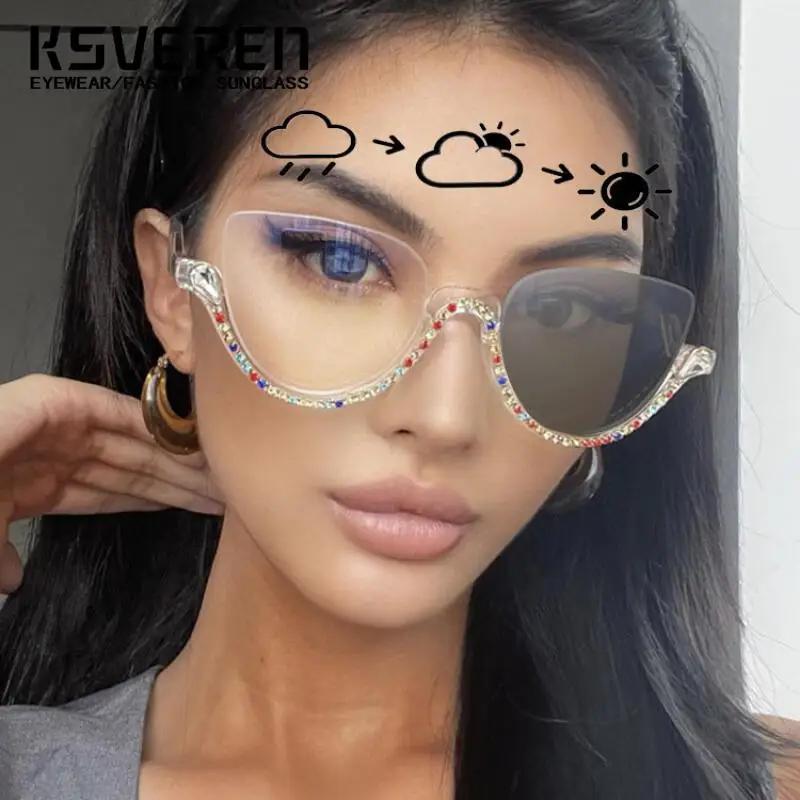 Lunettes de myopie photochromiques œil de chat en strass pour femmes, verres de Prescription finis, 