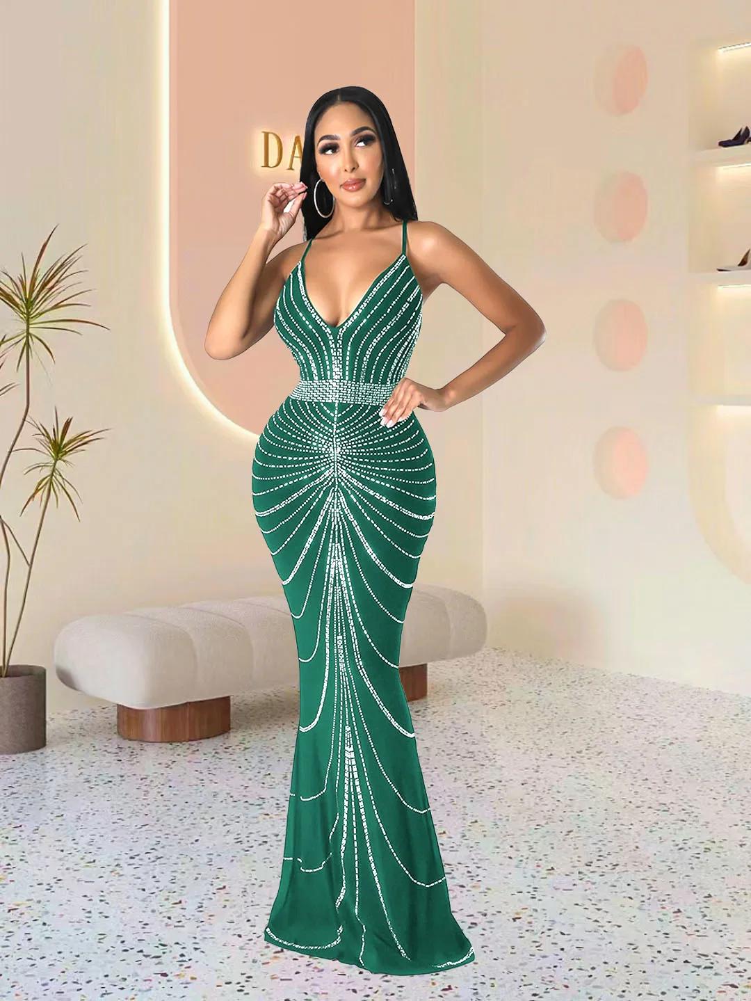 Robe de soirée longue pour femmes, paillettes, diamant chaud, bretelles de fête, dos qui fuit, sirèn