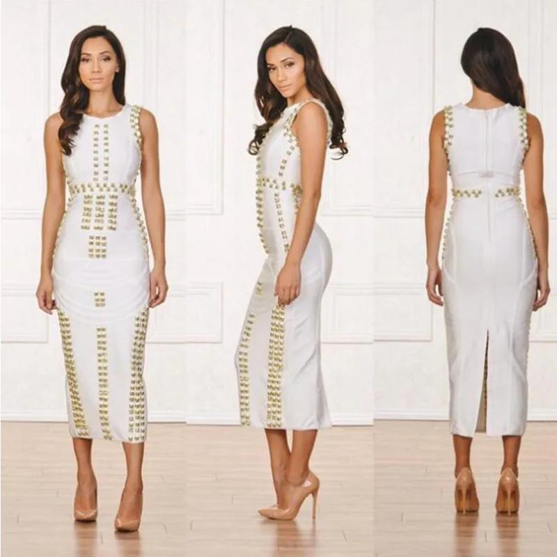 Style classique femmes sans manches col rond Sexy moulante pansement longue robe célébrité mode tapi
