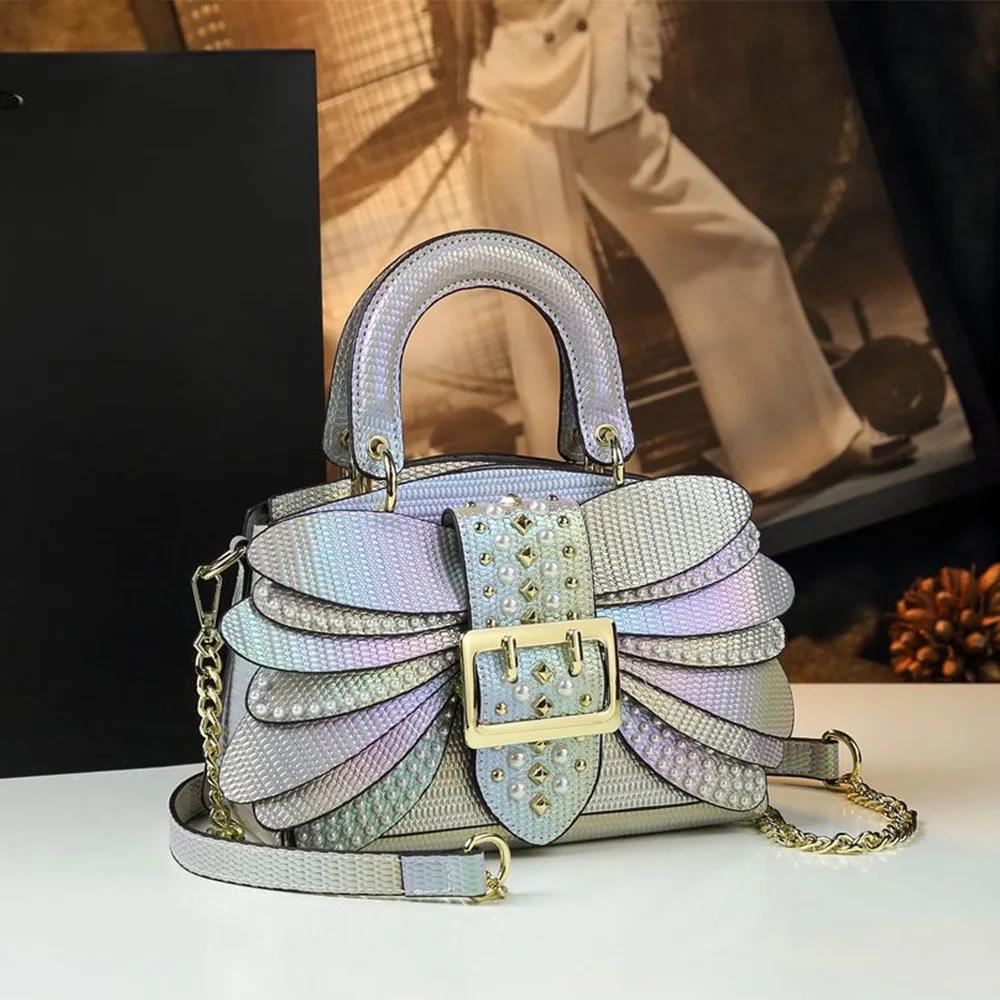 Nouveau Sac à Main Femme 2026 en Cuir Véritable avec Rivets Perlés, Sac Tendance et Polyvalent, Mini