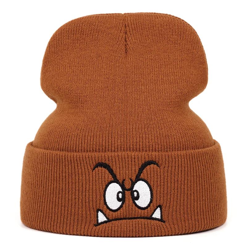 Chapeau tricoté brodé à expression en colère, chapeau en laine chaud pour les événements sportifs de