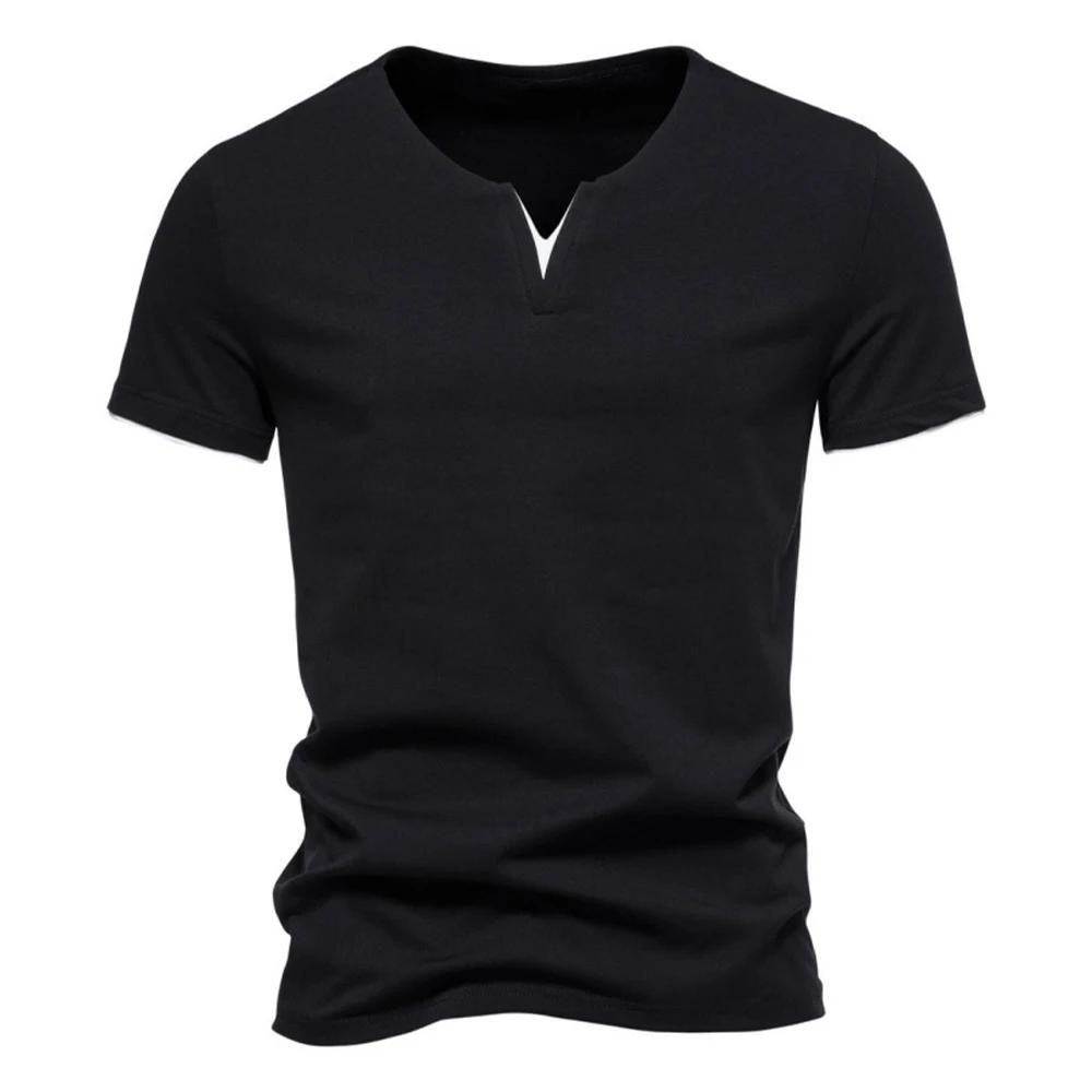 Henley – T-shirt manches courtes col en v pour homme, décontracté, coupe cintrée, basique, ample, Fi