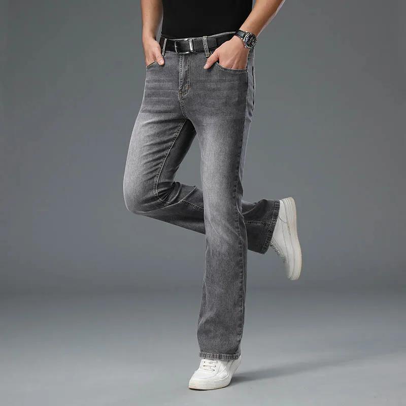 Jeans évasés en denim pour hommes, jeans stretch taille mi-haute pour hommes, jeans gris