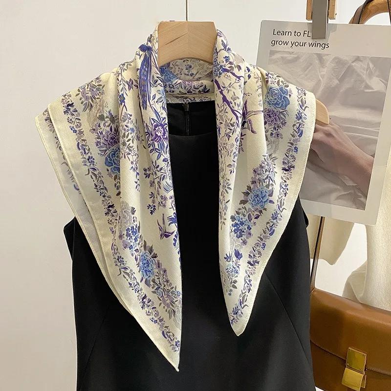 70x70 cm Simple élégance Floral oiseau imprimé foulard en soie lyrique velours Style coréen campagne