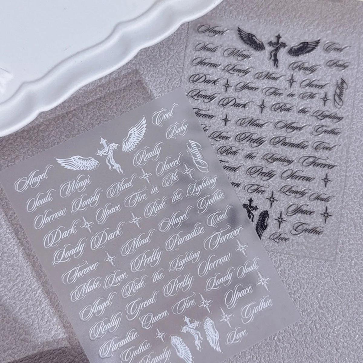 Autocollants pour ongles avec lettres noires et blanches, motifs d'ailes d'ange, designs mixtes, aut