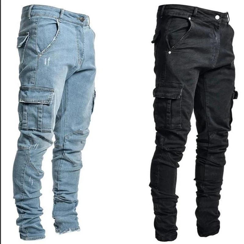 Jeans en denim élastique pour hommes, pantalon cargo multi-poches, coupe slim décontractée, jogging 