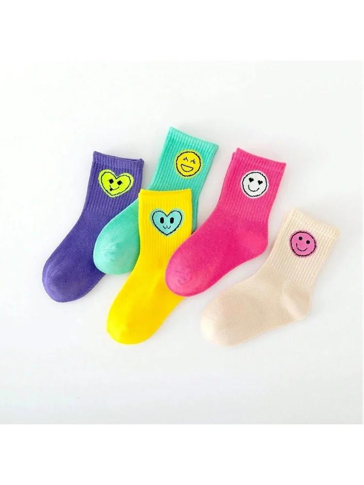 5 paires de nouvelles chaussettes pour enfants quatre saisons avec expressions de visages souriants 