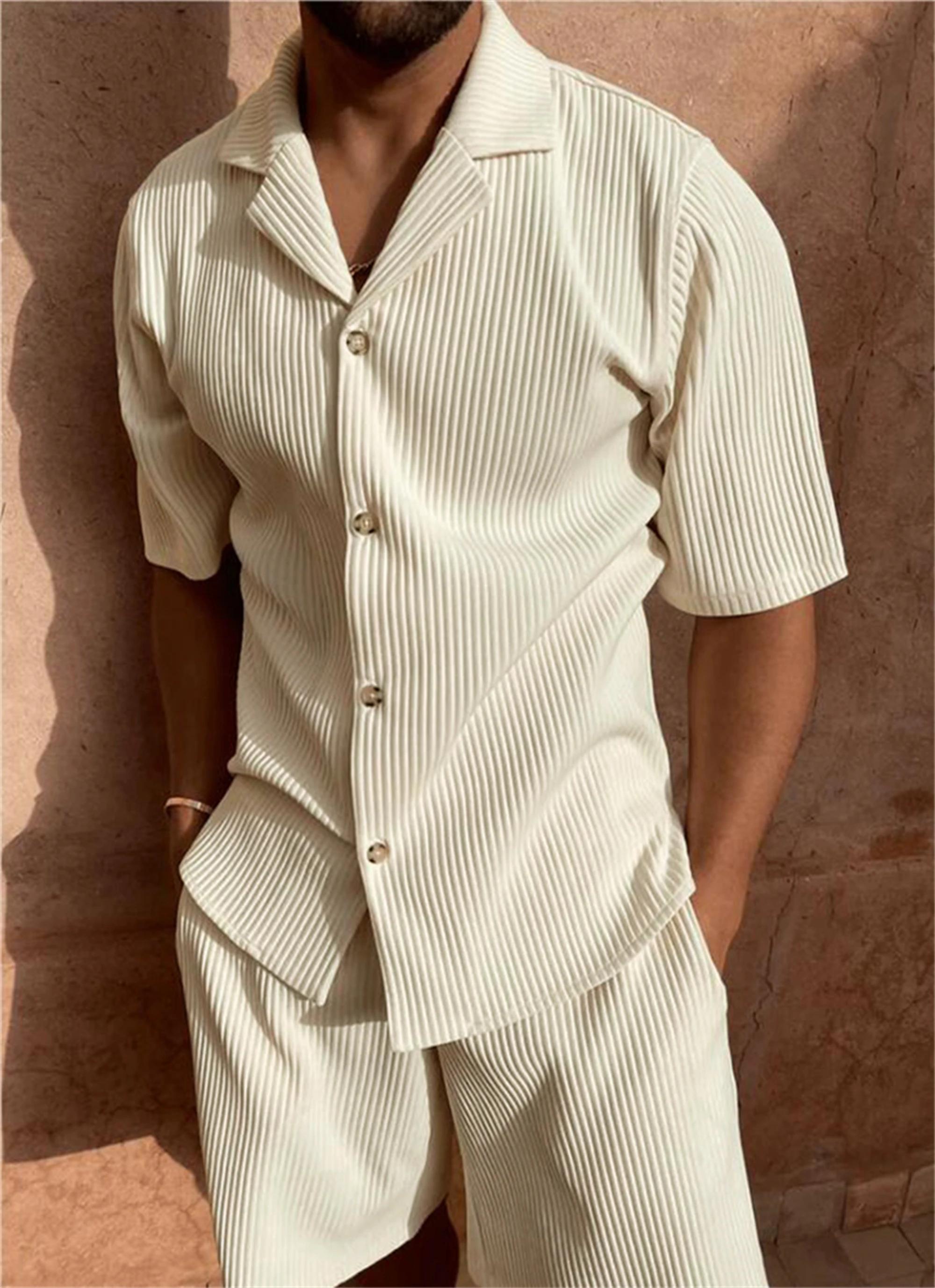 Costume printemps/été en velours côtelé de couleur unie, chemise à manches courtes et short extensib