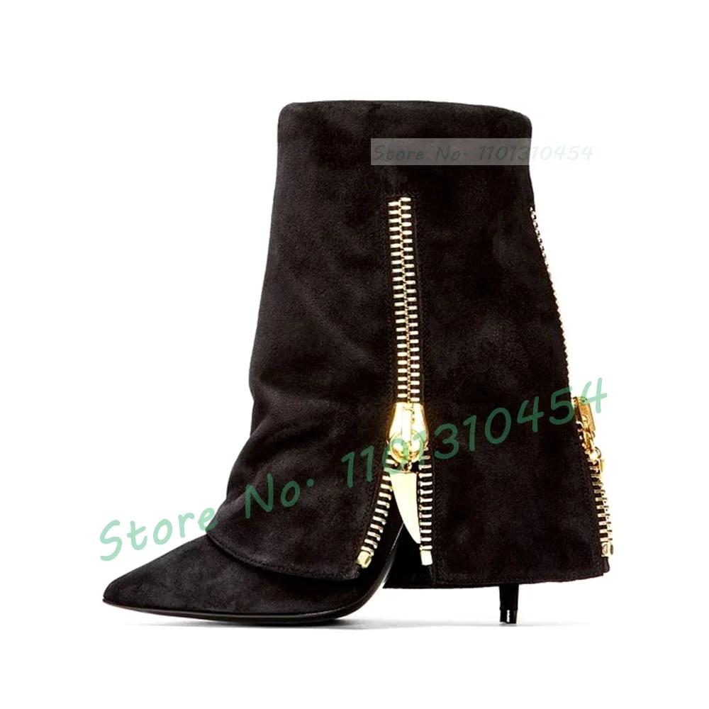 Bottines décoratives à fermeture éclair dorée pour femmes, chaussures élégantes à bout pointu, talon