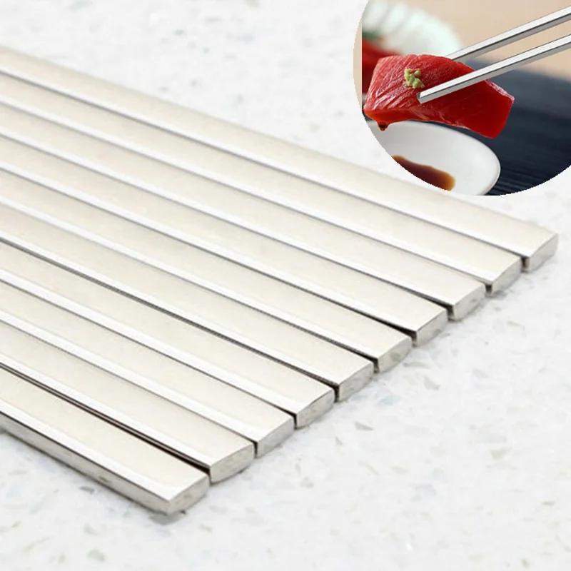 Baguettes plates chinoises coréennes, 5 paires, bâtons en acier inoxydable de haute qualité, accesso