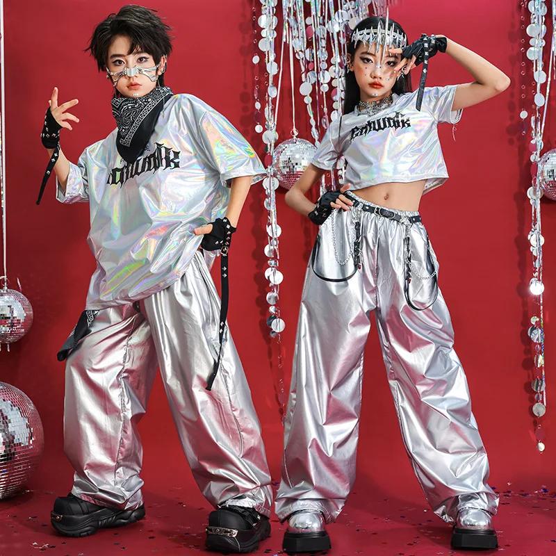 Hip Hop garçons T-shirt danse de rue argent pantalon filles K-pop brillant Joggers enfants Jazz vête
