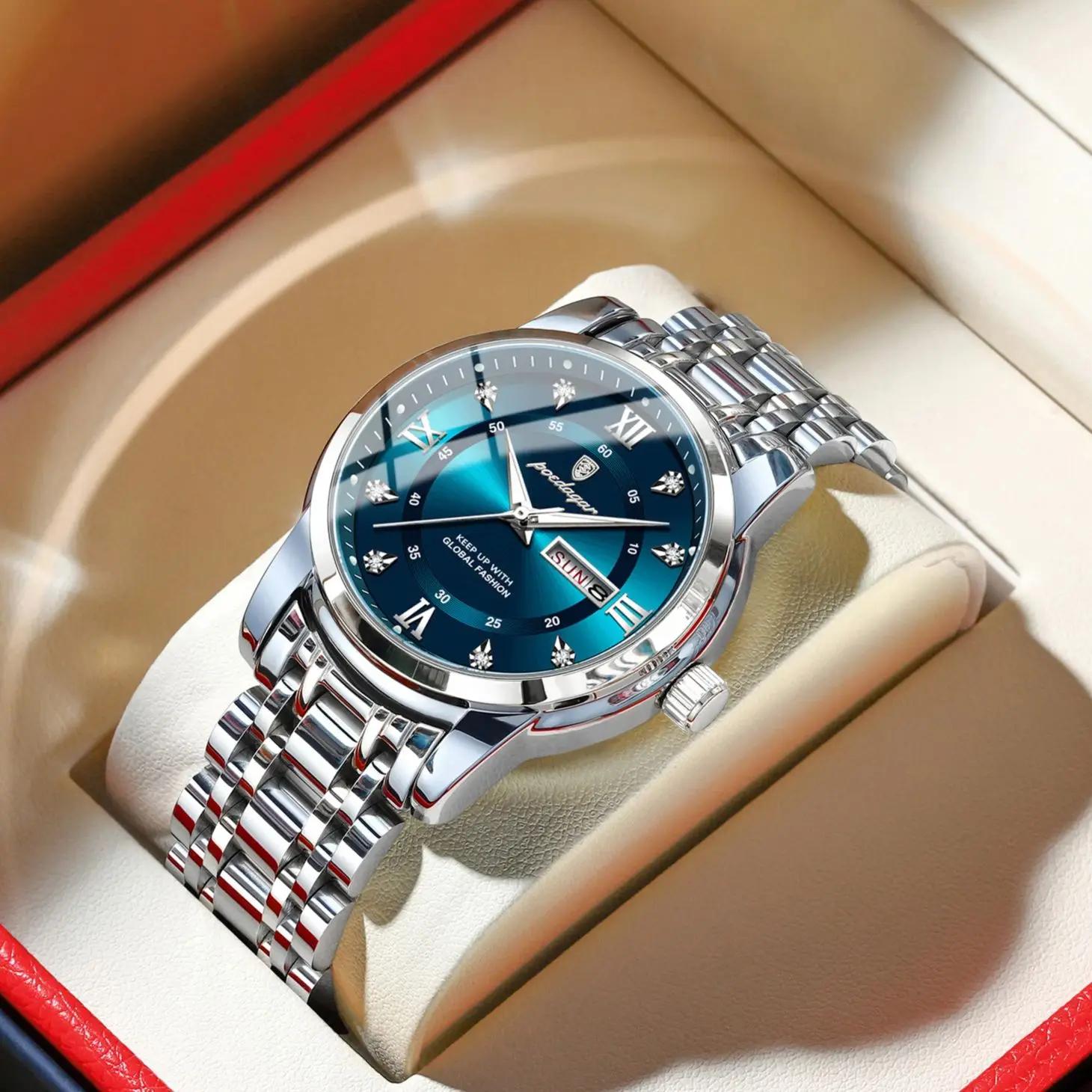 POEDAGAR luxe à la mode homme montre-bracelet étanche en acier inoxydable lumineux hommes montre Dat