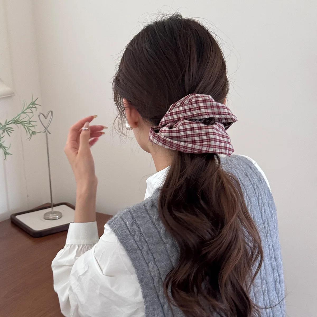 Coréen plaid rétro grand bandeau de cheveux attaché queue de cheval corde chouchous accessoires pour
