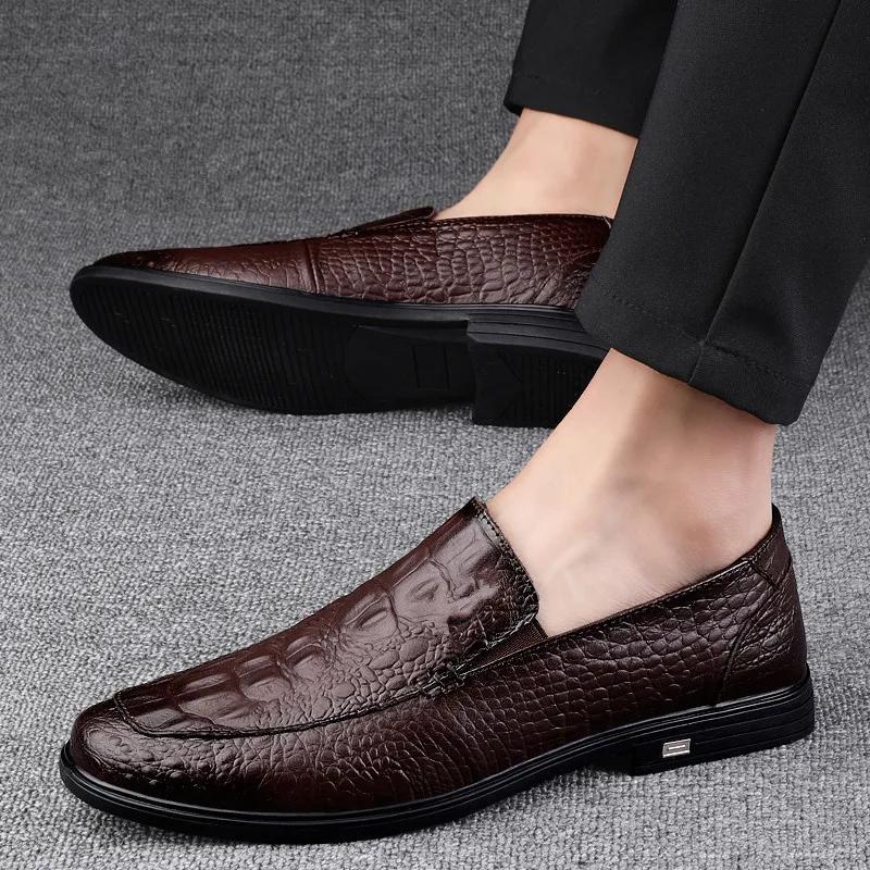 Chaussures décontractées en cuir véritable pour hommes, mocassins d'affaires formels, motif crocodil