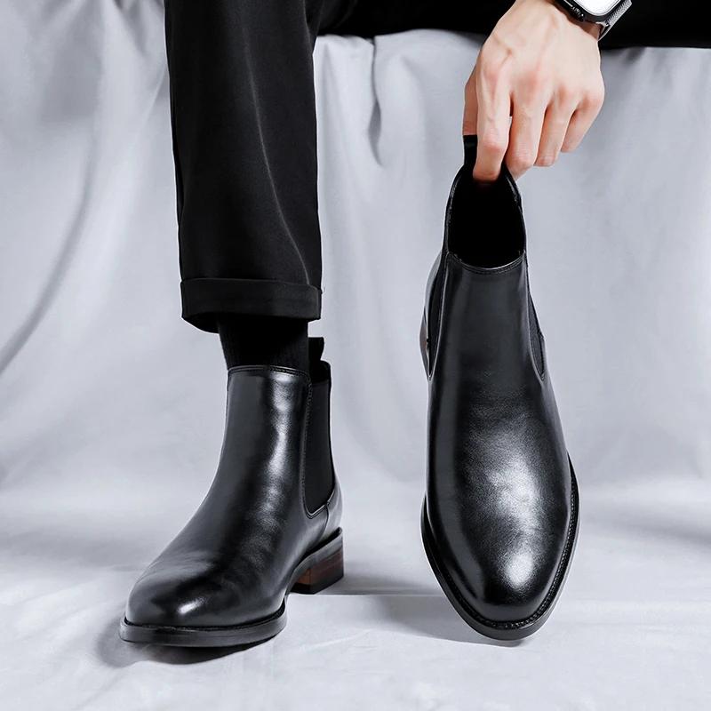 Bottes Chelsea pour hommes à bout pointu, chaussures en cuir polyvalentes à tige haute, style rétro 