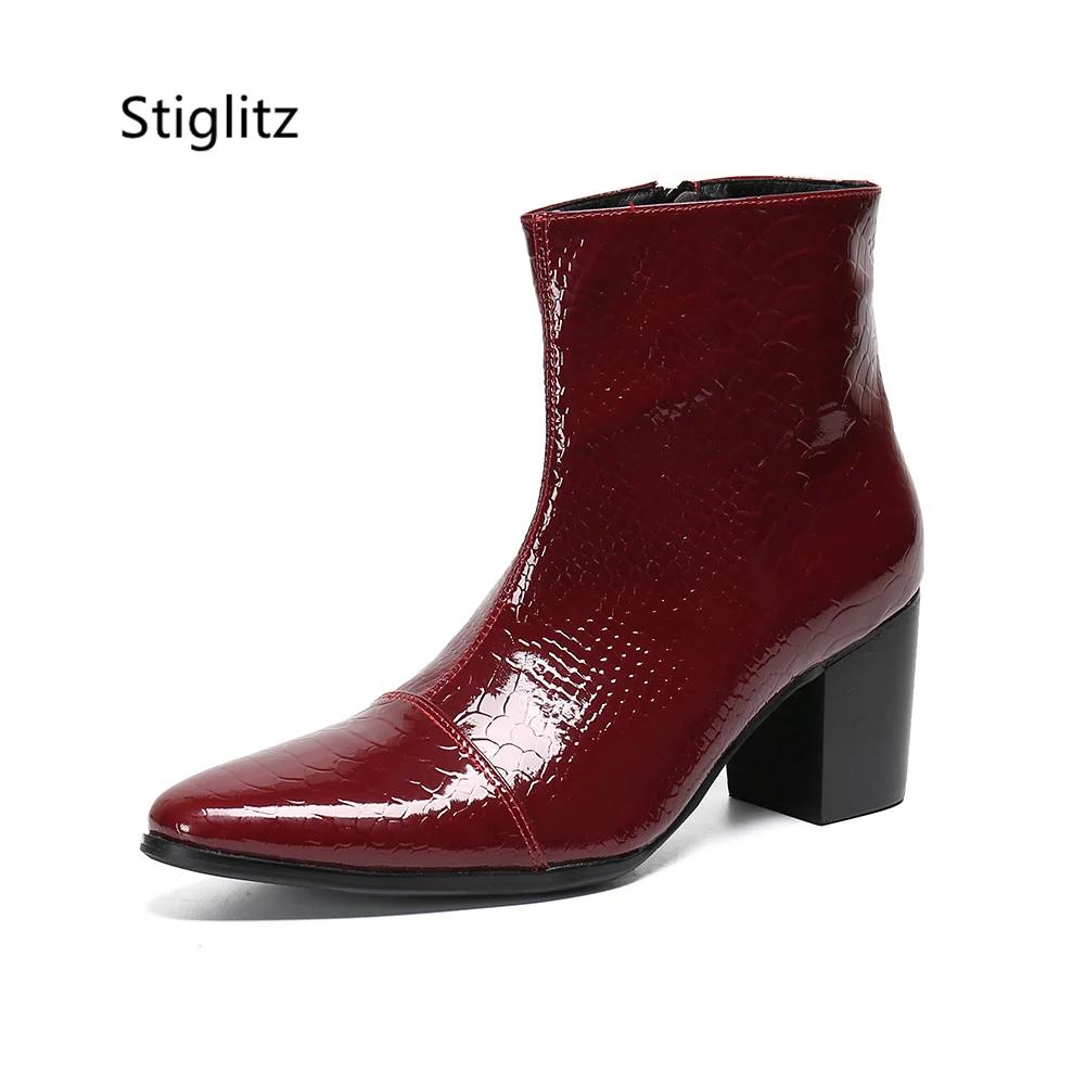 Bottines en cuir véritable pour hommes, noir et rouge, talons hauts de 8Cm, motif serpent rétro, bou