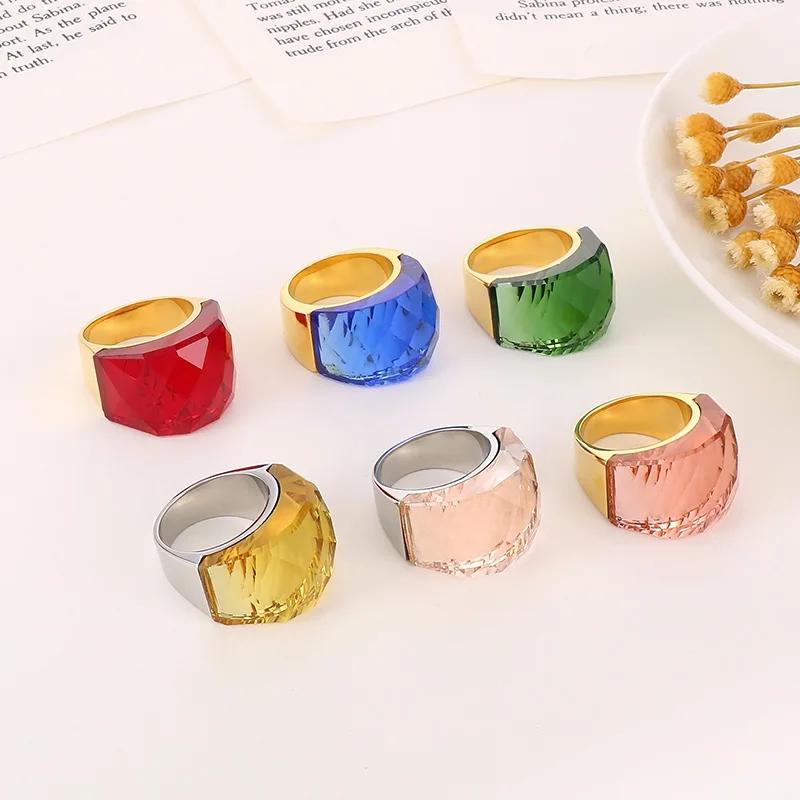 Bagues de fiançailles en acier inoxydable pour femmes, grande pierre de verre de cristal, couleur ro