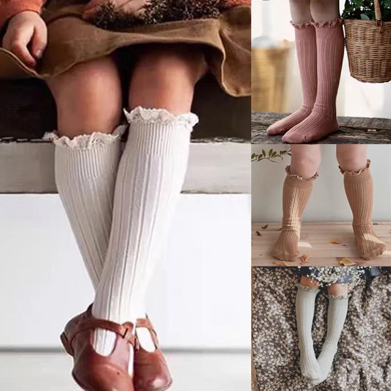 Chaussettes hautes à volants pour enfants, chaussettes longues en coton doux pour tout-petits, unifo
