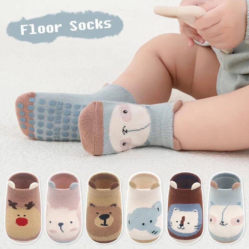 6 paires de chaussettes en coton pour enfants, antidérapantes, pour garçons et filles, mignonnes mot