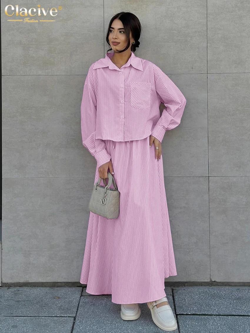 ClacMarkets-Ensemble 2 pièces à rayures roses pour femmes, chemise élégante à manches longues, jupes