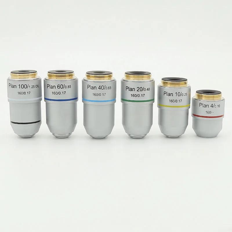 Objectif de Plan de Microscope biologique, lentille 4X 10X 20X 40X 60X 100X RMS, filetage 160/0.17