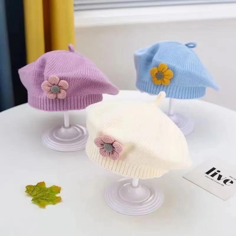 Béret à fleurs pour bébé, bonnet tricoté chaud d'hiver pour nourrissons filles, casquettes de peintr