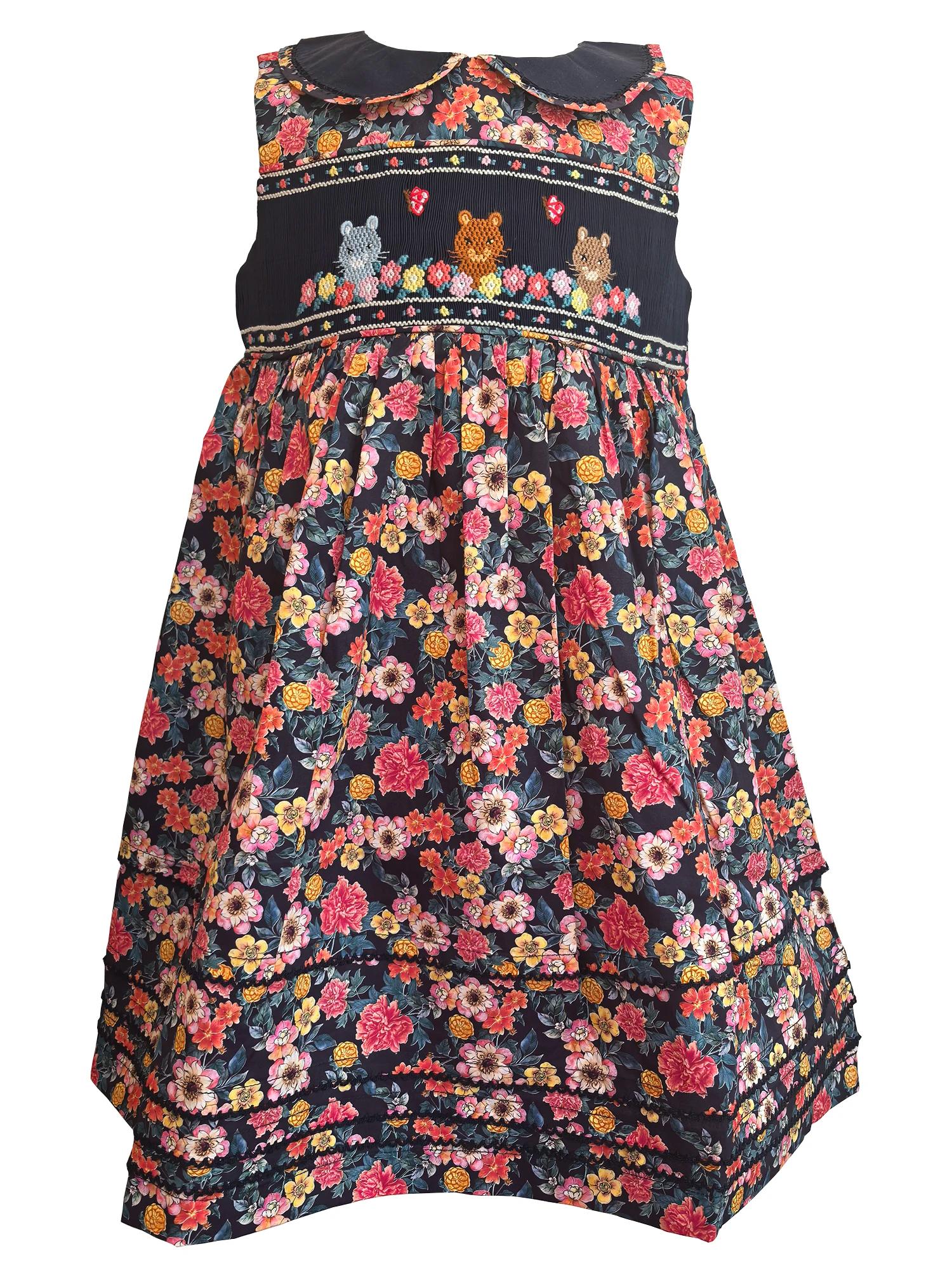 Robe sans manches smockée faite main motif floral marin vintage 100% coton imprimé – Tenue confortab