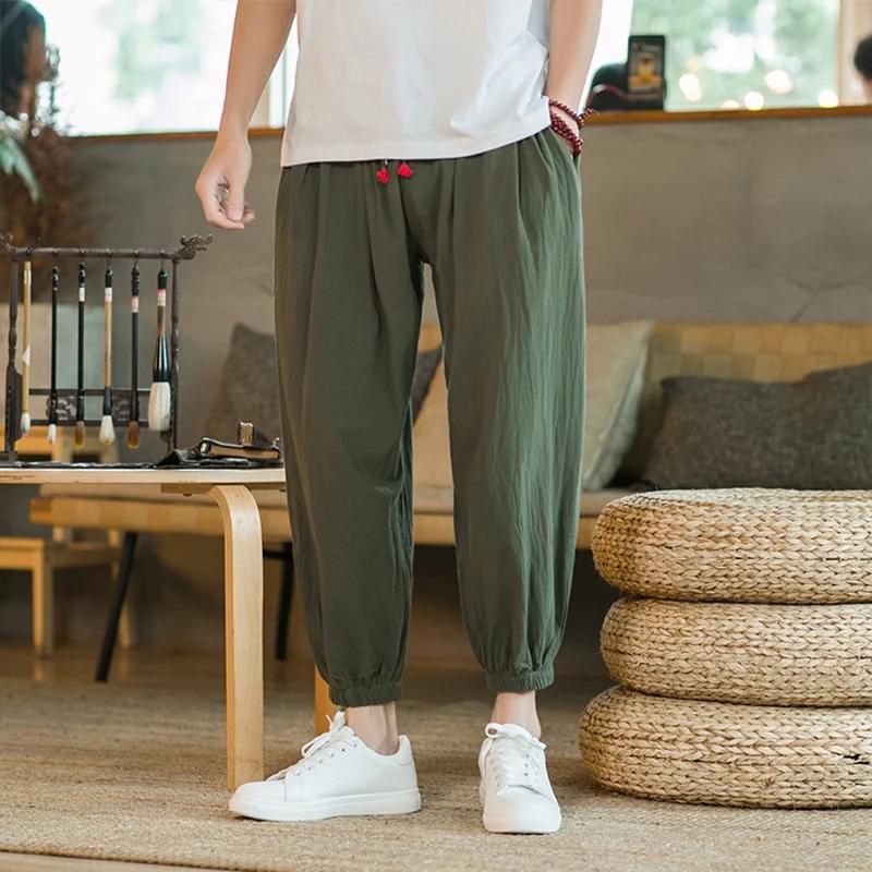 Pantalon décontracté japonais pour homme, en coton et chanvre, coupe ample avec cordon de serrage, s
