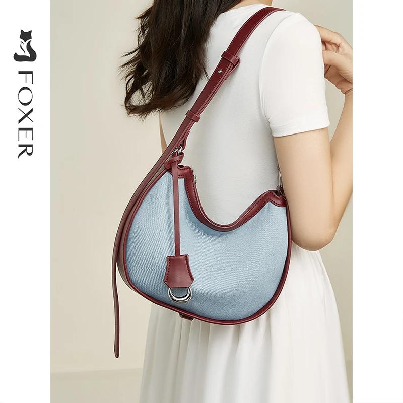 FOXER femmes Denim + cuir sac à bandoulière demi-lune sac à bandoulière mode dame petit Simple bleu 
