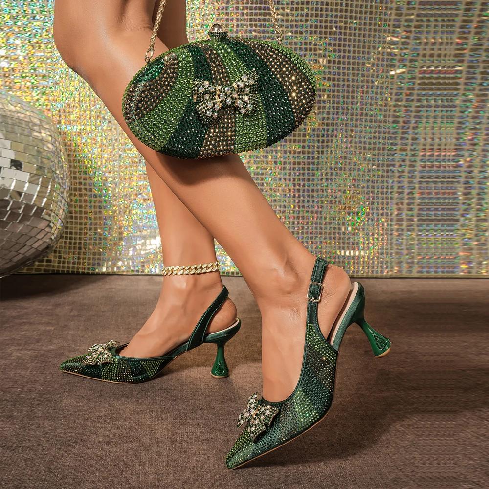 Venus Chan – chaussures et sacs à talons hauts pour femmes, couleur verte, bout pointu, strass, soir