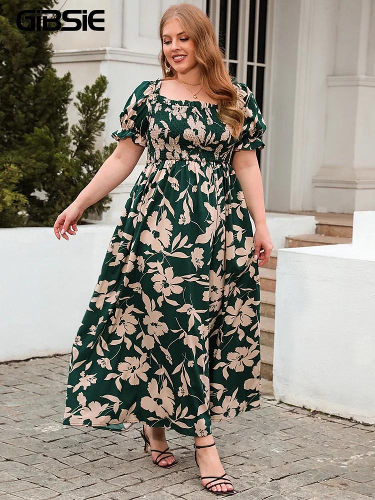 GIBSIE-Robe longue à manches bouffantes et col carré pour femme, maxi, imprimé floral, style bohème,