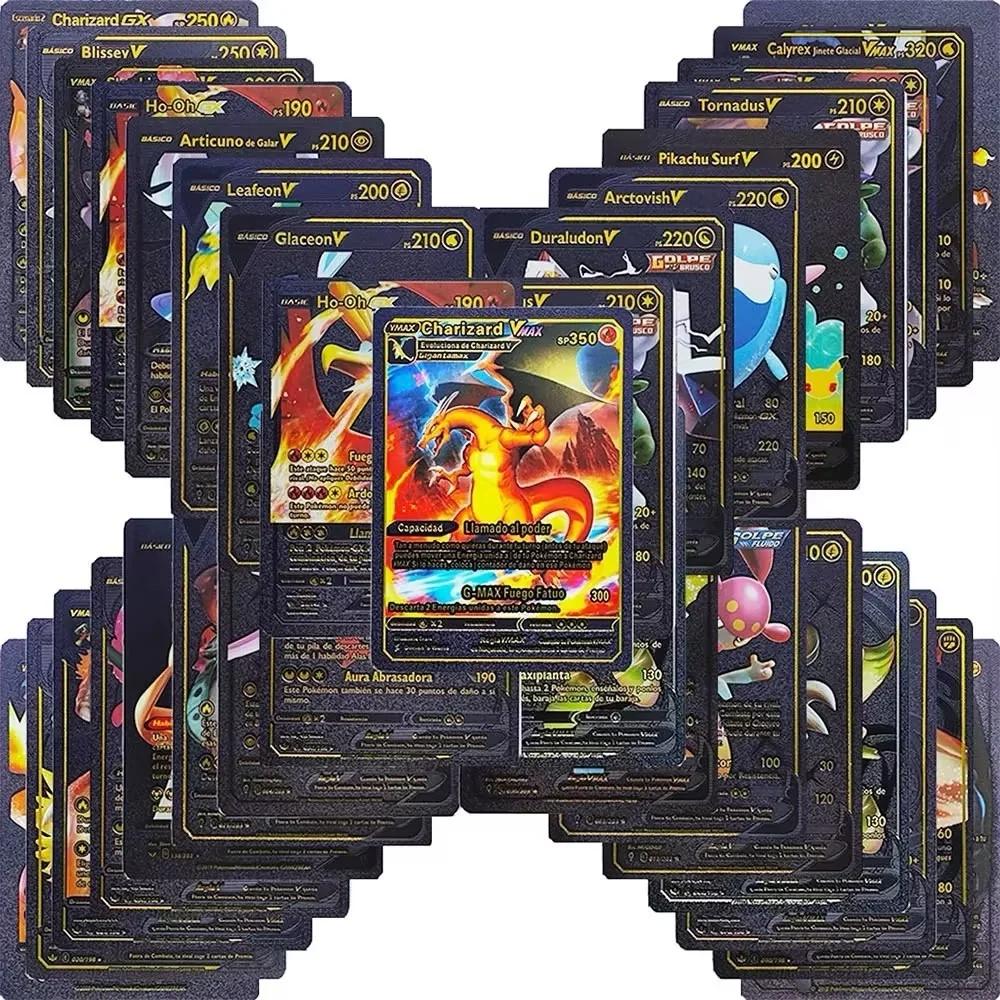 Cartes Pokemon 10-55 pièces, lettres dorées en feuille d'or, anglais, espagnol, français, allemand, 