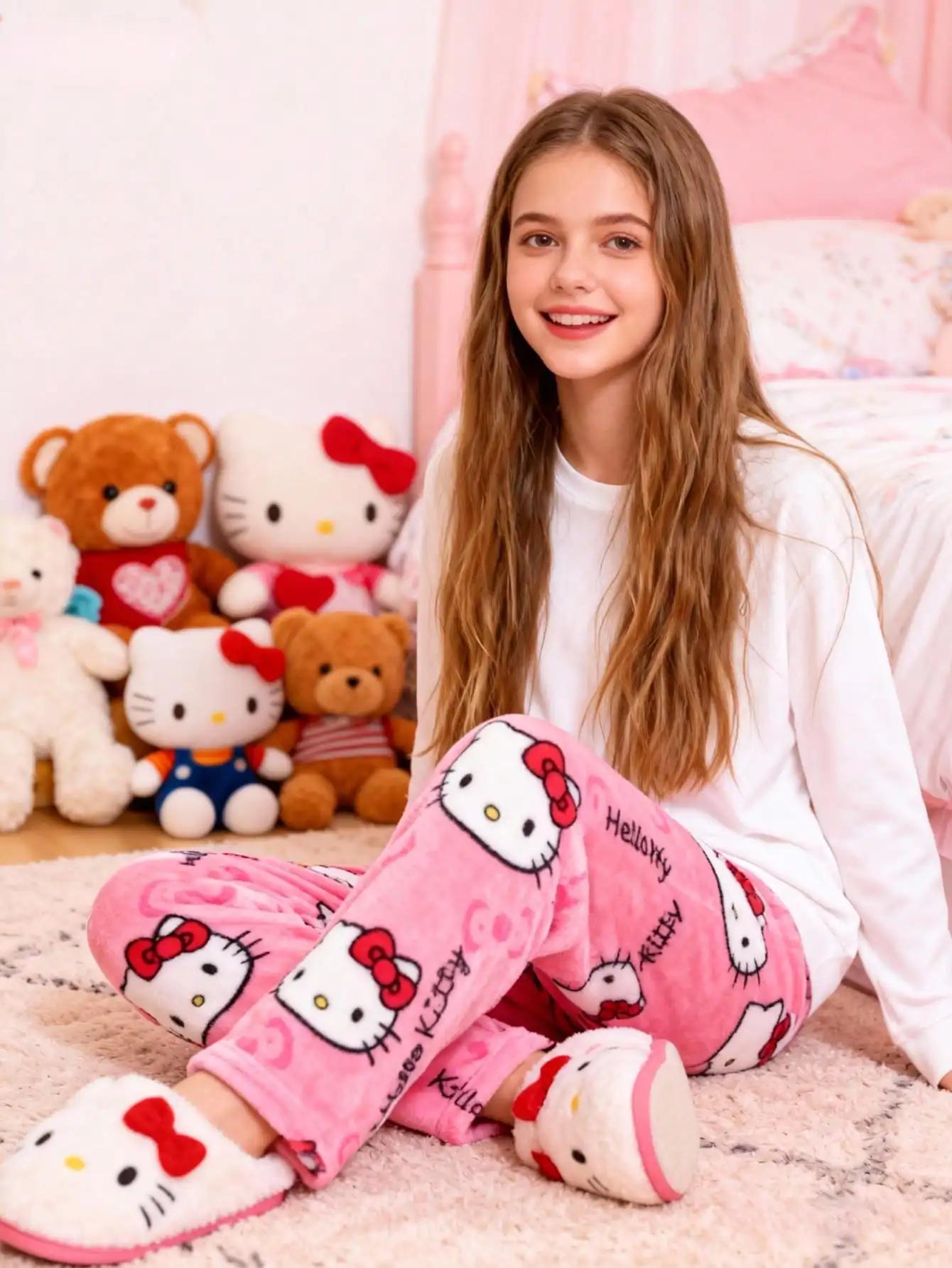 Pantalon de maison en flanelle épaisse et chaude pour enfants Sanrio, pantalon de loisirs et ample p