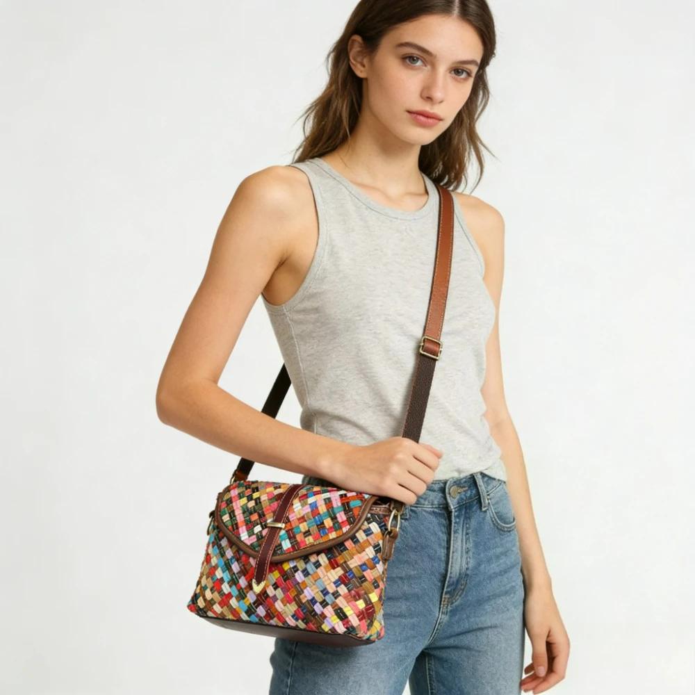 Sac bandoulière bohème en cuir véritable tissé à la main pour femme, style ethnique, sac à bandouliè