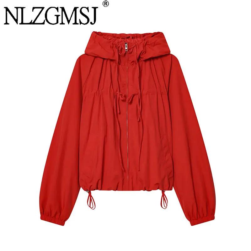 Nlzgmsj 2026 Printemps – Blouson décontracté à capuche rouge pour femme, manteau court zippé à manch