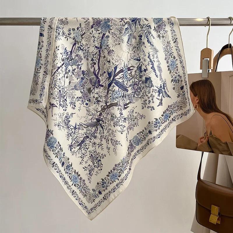 70x70 cm Simple élégance Floral oiseau imprimé foulard en soie lyrique velours Style coréen campagne